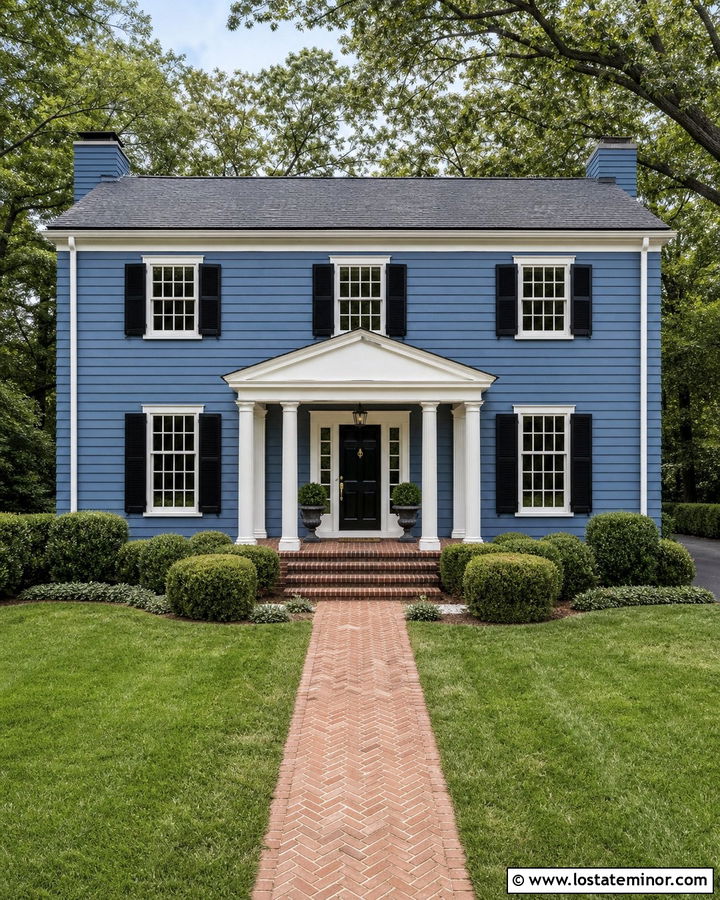 Denim Blue Colonial With Black Front Door - 30 Denim Blue House Design With Front Porch Ideas