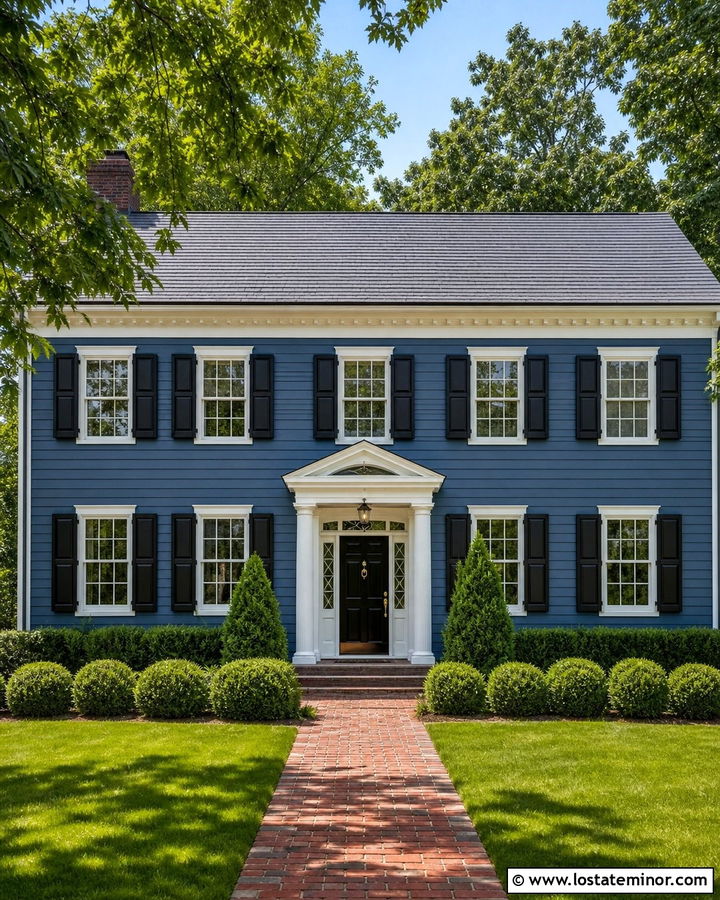 Denim Blue Colonial With Black Shutters - 30 Denim Blue House Design With Shutters Ideas