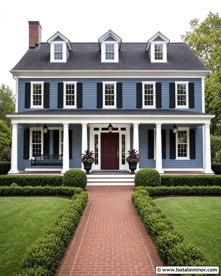 Denim Blue Colonial With Black Swing - 30 Denim Blue House Design With Swing Ideas