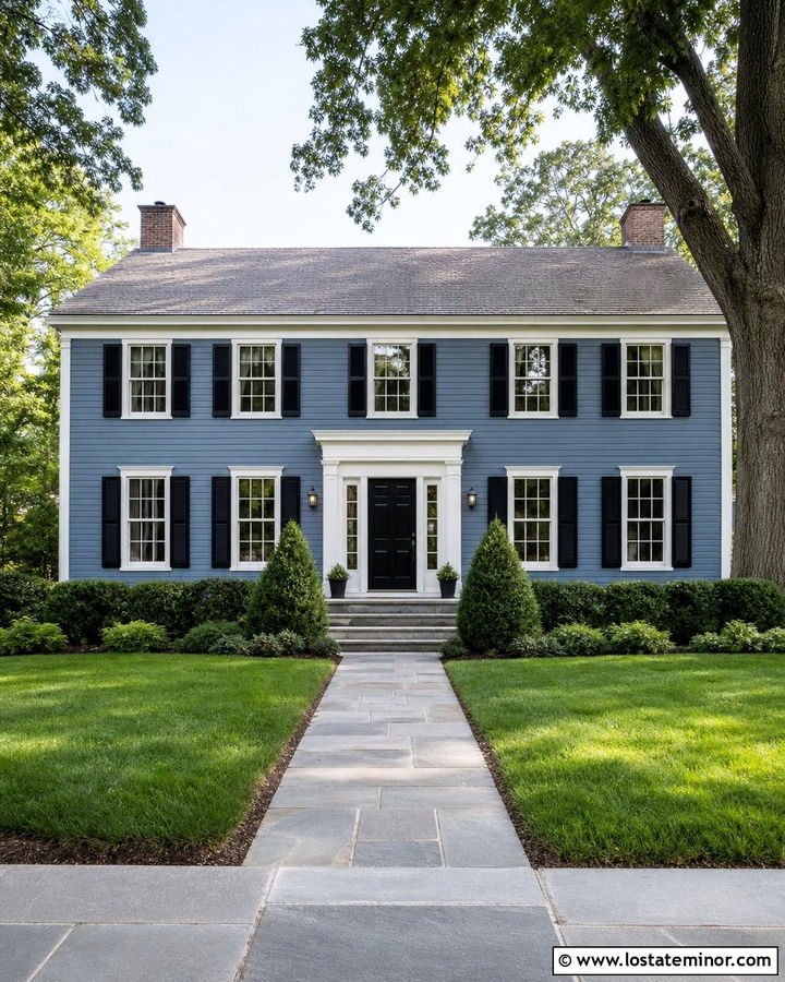 Denim Blue Colonial With Bluestone Steps - 30 Denim Blue House Design With Steps Ideas