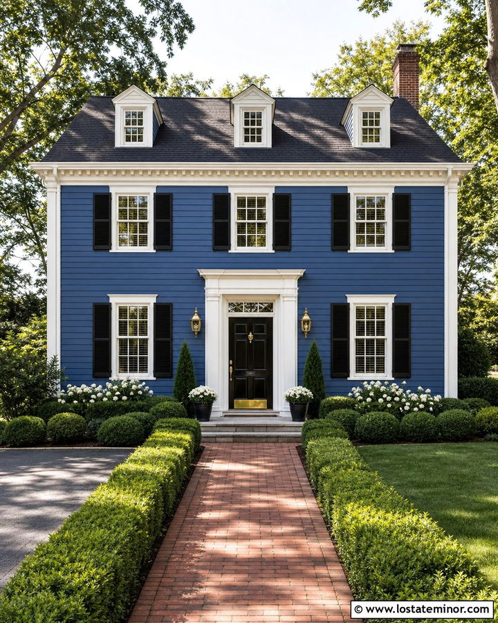 Denim Blue Colonial With Brass Accents - 30 Denim Blue House Design With Accents Ideas