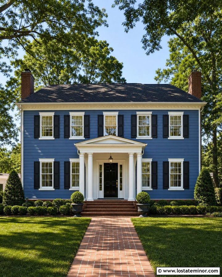 Denim Blue Colonial With Brick Front Porch - 30 Denim Blue House Design With Front Porch Ideas