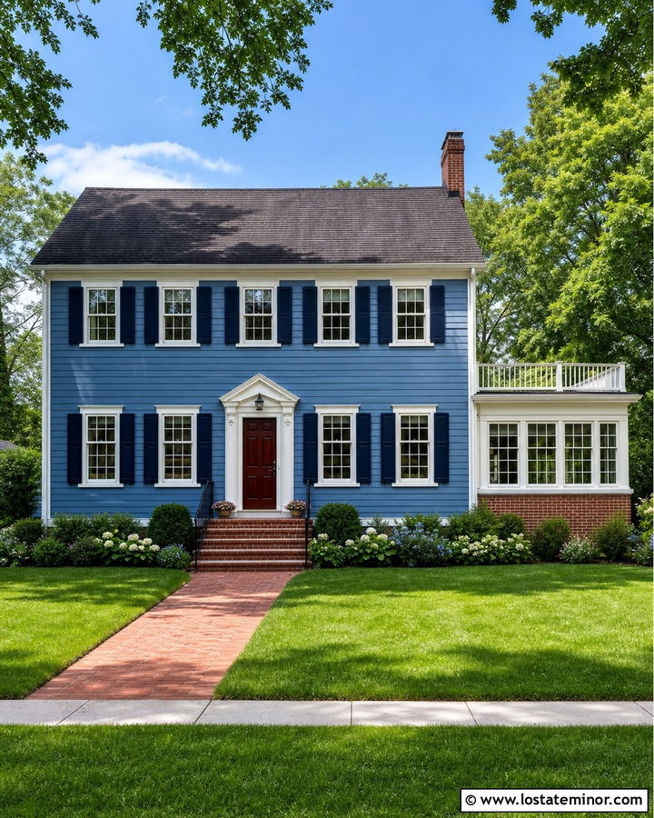 Denim Blue Colonial With Brick Sunroom - 30 Denim Blue House Design With Sunroom Ideas