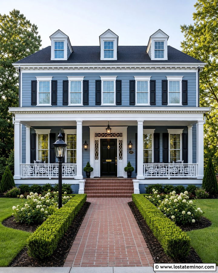 Denim Blue Colonial With Chippendale Railings - 30 Denim Blue House Design With Railings Ideas
