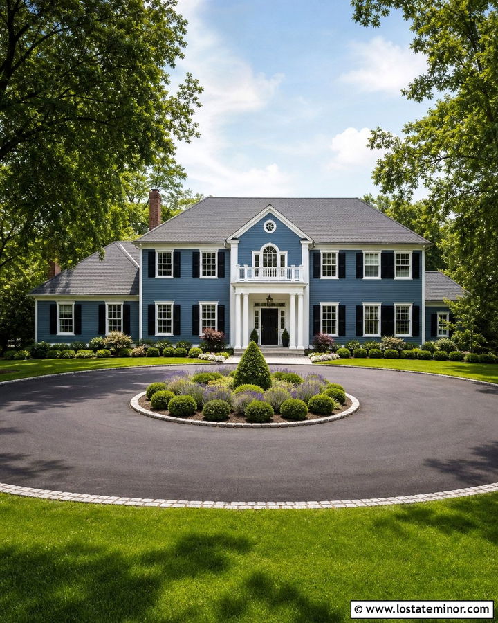 Denim Blue Colonial With Circular Asphalt Driveway - 30 Denim Blue House Design With Driveway Ideas
