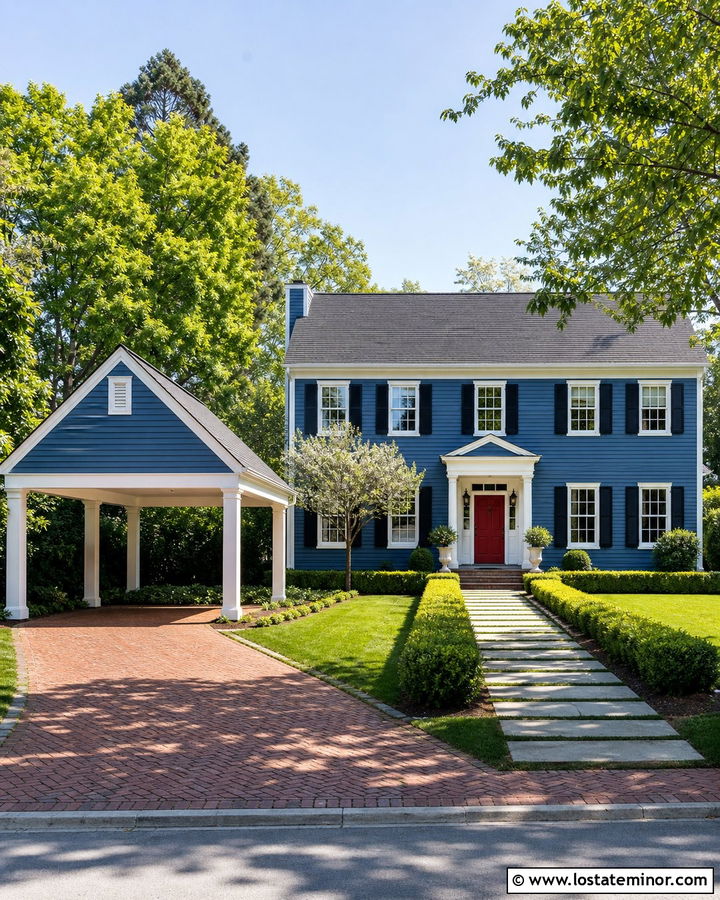 Denim Blue Colonial With Detached Carport - 30 Denim Blue House Design With Carport Ideas