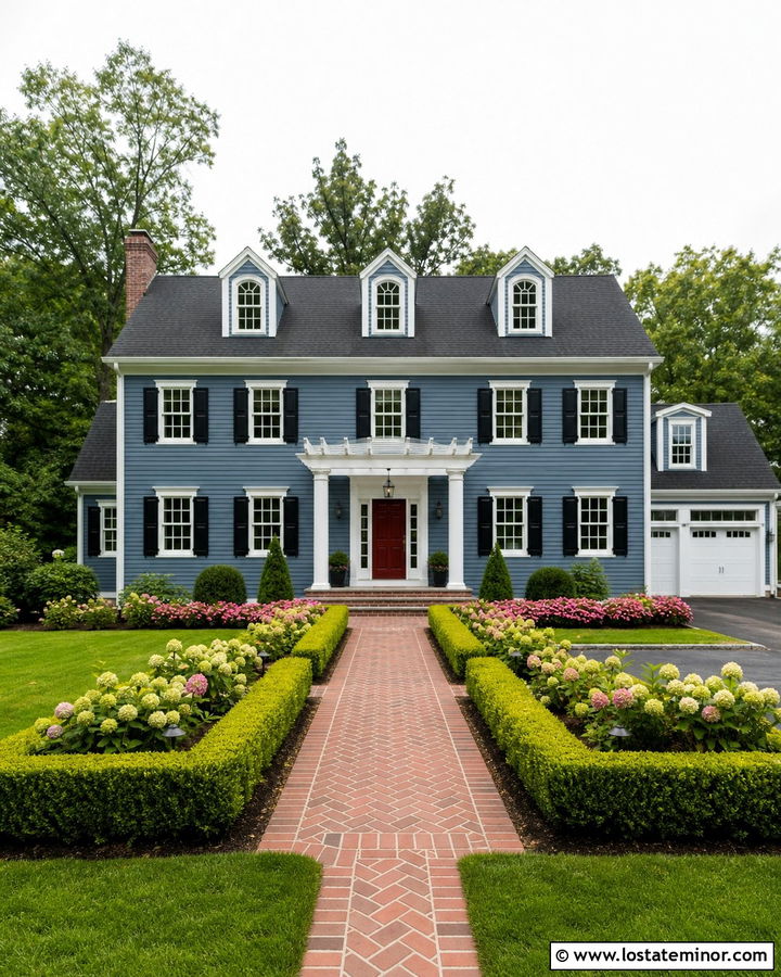 Denim Blue Colonial With Front Entry Pergola - 30 Denim Blue House Design With Pergola Ideas