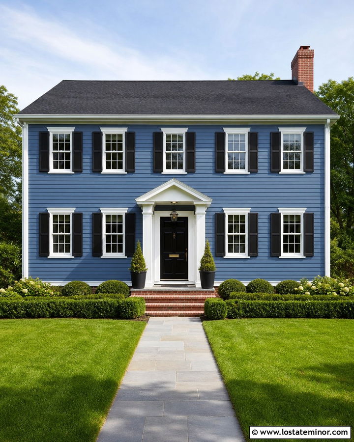 Denim Blue Colonial With Red Brick Chimney - 30 Denim Blue House Design With Chimney Ideas