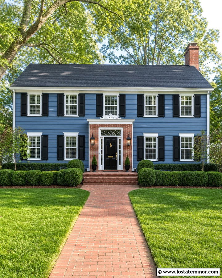 Denim Blue Colonial With Red Brick Entry - 30 Denim Blue House Design With Brick Accents Ideas