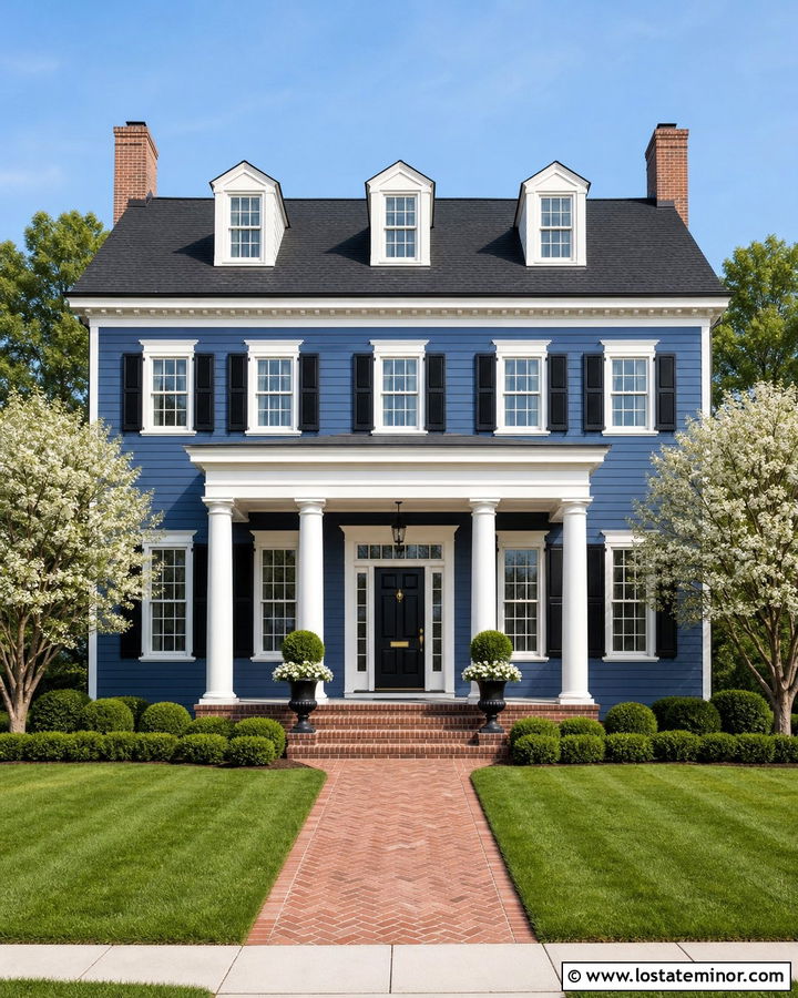 Denim Blue Colonial With Round White Columns - 30 Denim Blue House Design With Porch Columns Ideas