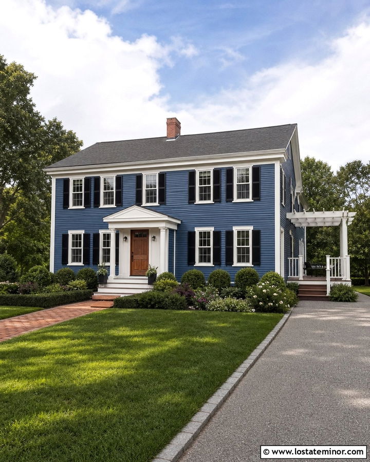 Denim Blue Colonial With Side Deck - 30 Denim Blue House Design With Deck Ideas