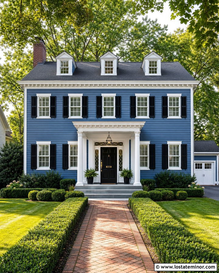 Denim Blue Colonial With Soft Gray Porch Ceiling - 30 Denim Blue House Design With Porch Ceiling Ideas