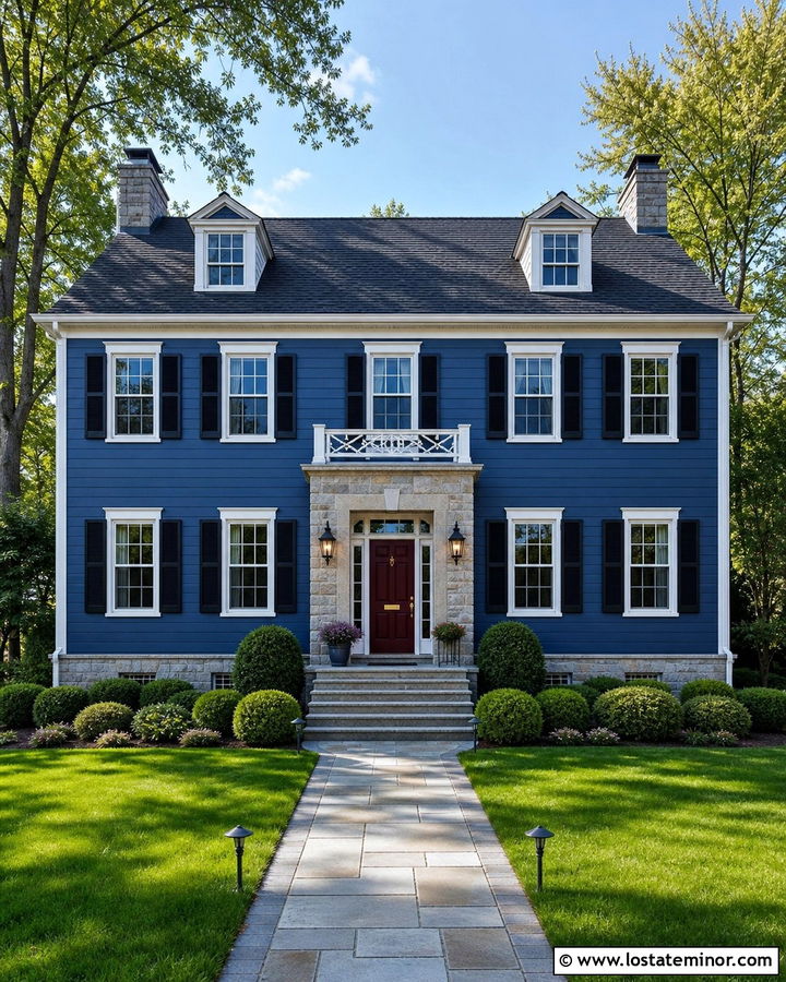 Denim Blue Colonial With Stone Entry - 30 Denim Blue House Design With Stone Accents Ideas
