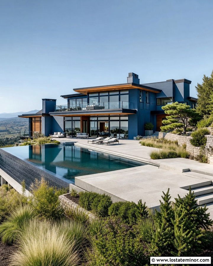 Denim Blue Contemporary House With Infinity Pool - 30 Denim Blue House Design With Swimming Pool Ideas