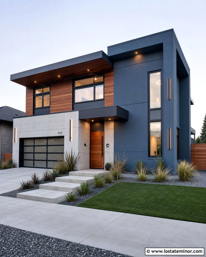 Denim Blue Contemporary House With Linear Sconces - 30 Denim Blue House Design With Light Fixtures Ideas