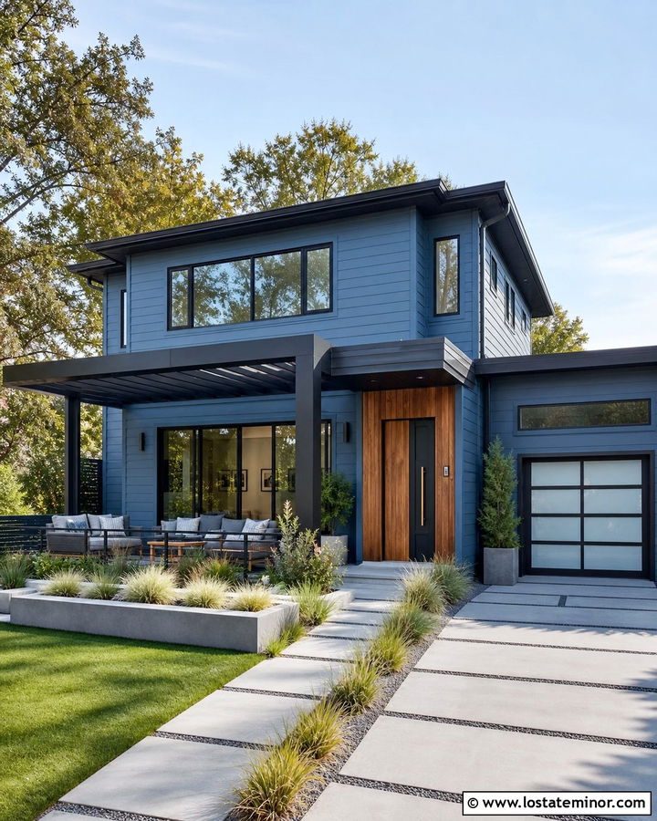 Denim Blue Contemporary House With Louvered Pergola - 30 Denim Blue House Design With Pergola Ideas