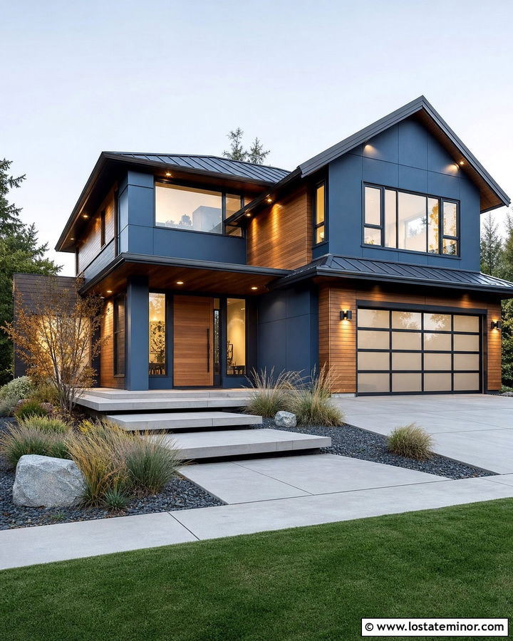 Denim Blue Contemporary House With Recessed Lighting - 30 Denim Blue House Design With Lighting Ideas