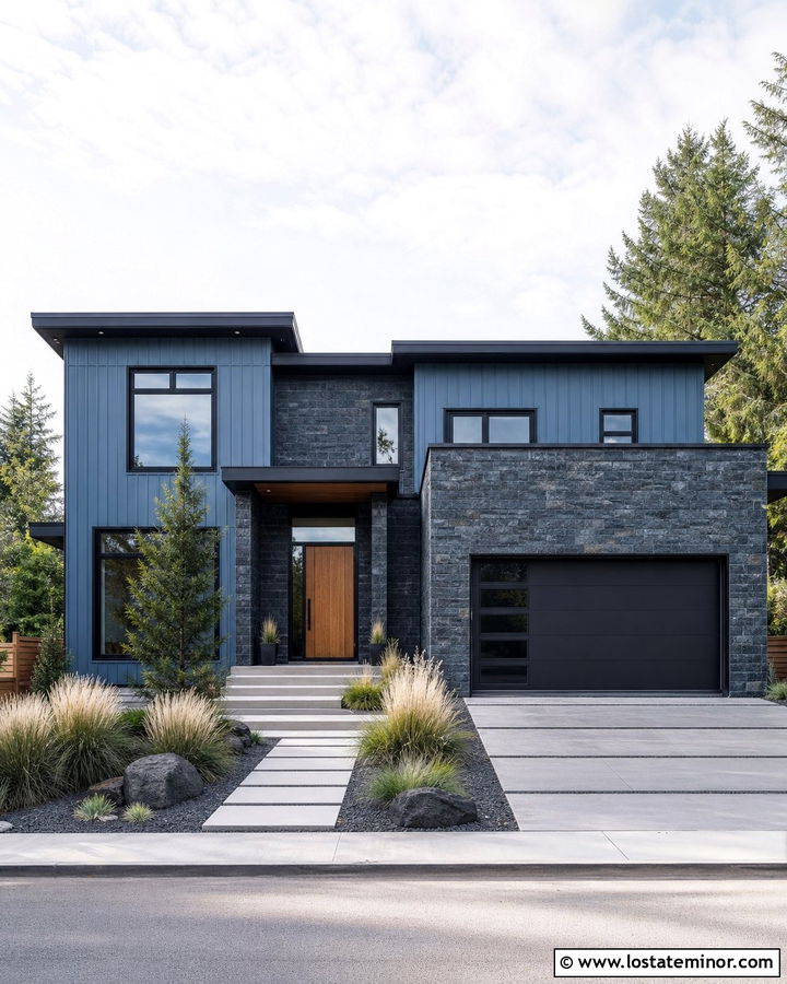 Denim Blue Contemporary House With Slate Stone - 30 Denim Blue House Design With Stone Accents Ideas