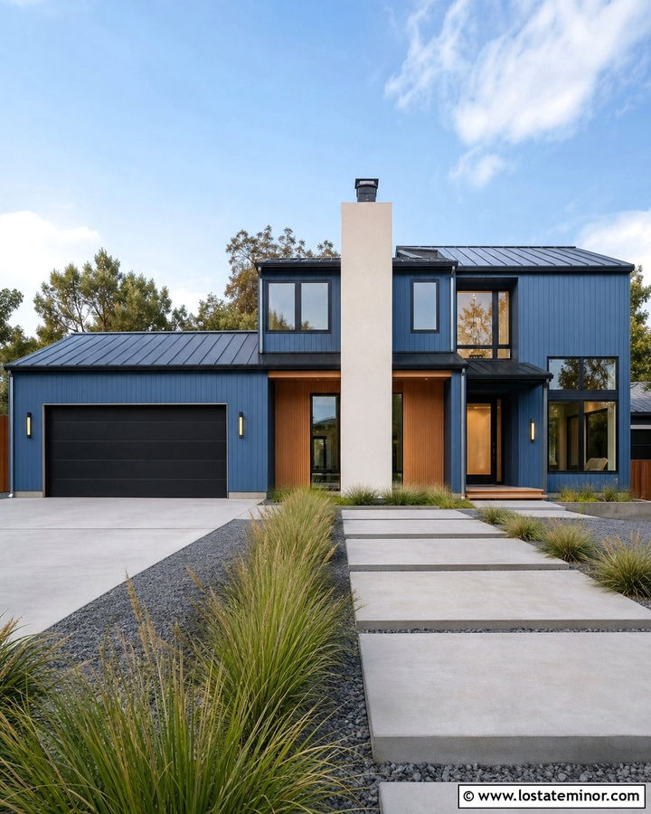 Denim Blue Contemporary House With Stucco Chimney - 30 Denim Blue House Design With Chimney Ideas