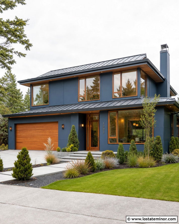 Denim Blue Contemporary House With Wood Window Frames - 30 Denim Blue House Design With Window Frames Ideas