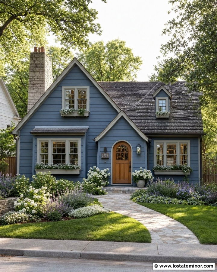 Denim Blue Cottage House With Light Gray Window Frames - 30 Denim Blue House Design With Window Frames Ideas