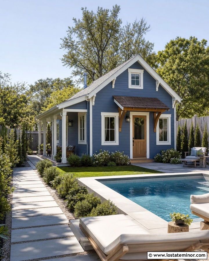 Denim Blue Cottage House With Small Swimming Pool - 30 Denim Blue House Design With Swimming Pool Ideas