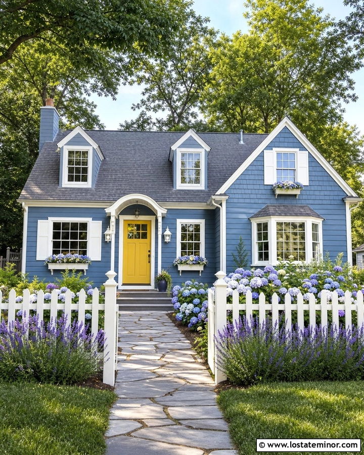 Denim Blue Cottage House With White Lanterns - 30 Denim Blue House Design With Light Fixtures Ideas