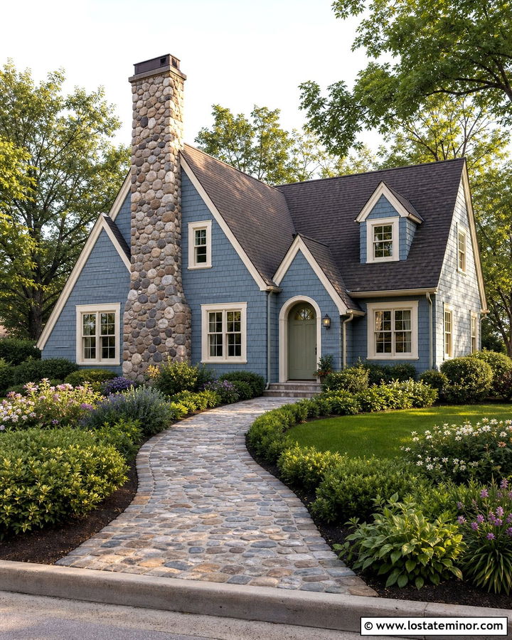 Denim Blue Cottage With Cobblestone Chimney - 30 Denim Blue House Design With Chimney Ideas