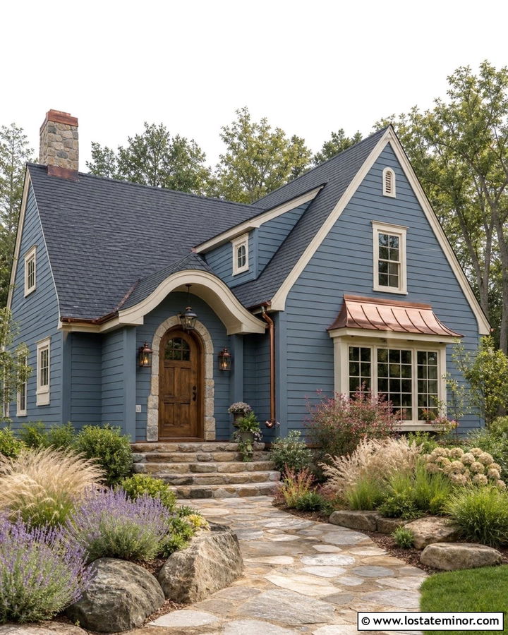 Denim Blue Cottage With Curved Stone Steps - 30 Denim Blue House Design With Steps Ideas
