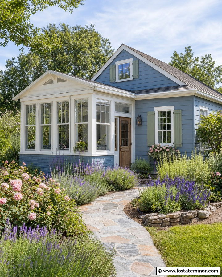 Denim Blue Cottage With Garden Sunroom - 30 Denim Blue House Design With Sunroom Ideas