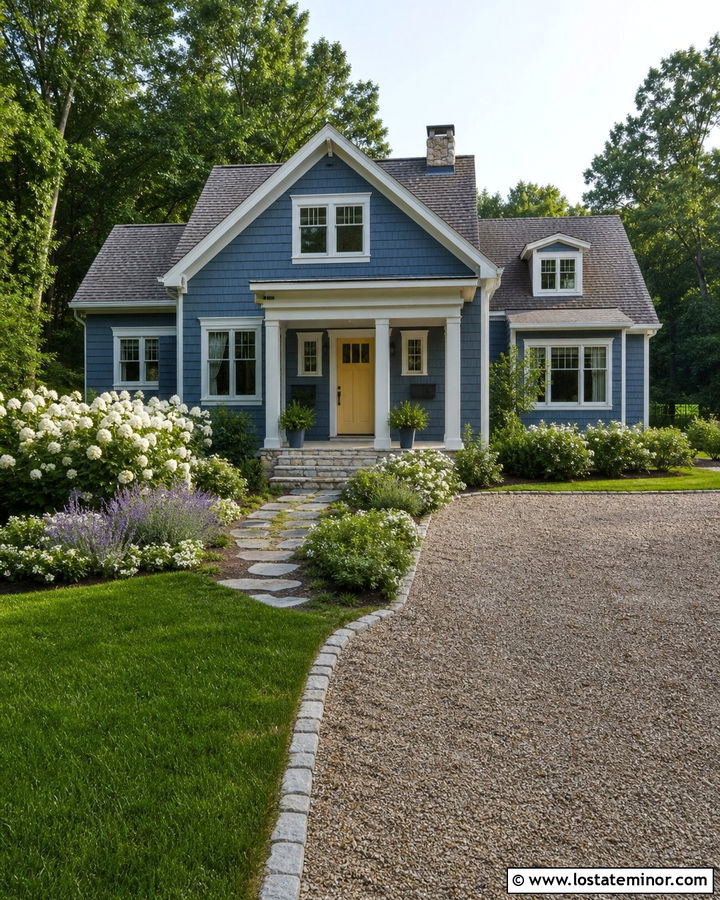 Denim Blue Cottage With Pea Gravel Driveway - 30 Denim Blue House Design With Driveway Ideas