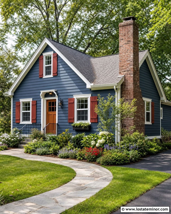 Denim Blue Cottage With Red Shutters - 30 Denim Blue House Design With Shutters Ideas