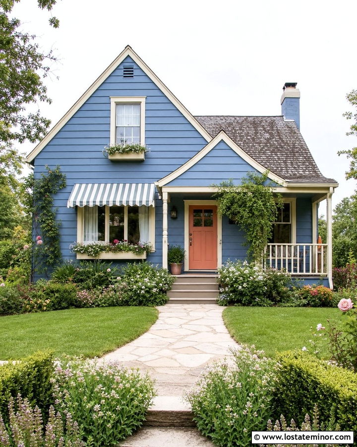 Denim Blue Cottage With Scalloped Awning - 30 Denim Blue House Design With Awning Ideas