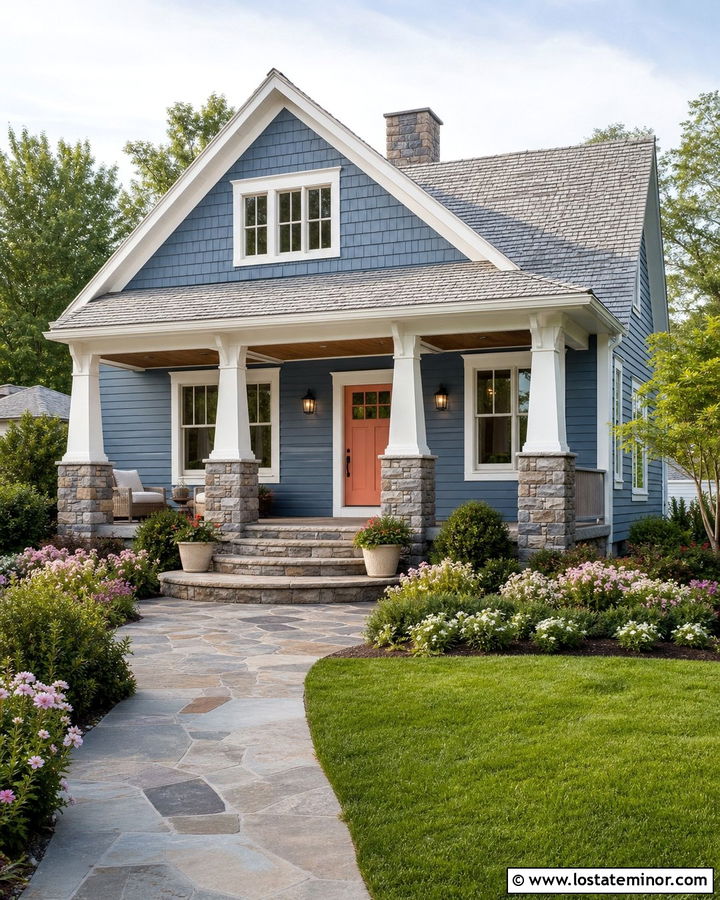 Denim Blue Cottage With Stone Base Columns - 30 Denim Blue House Design With Porch Columns Ideas