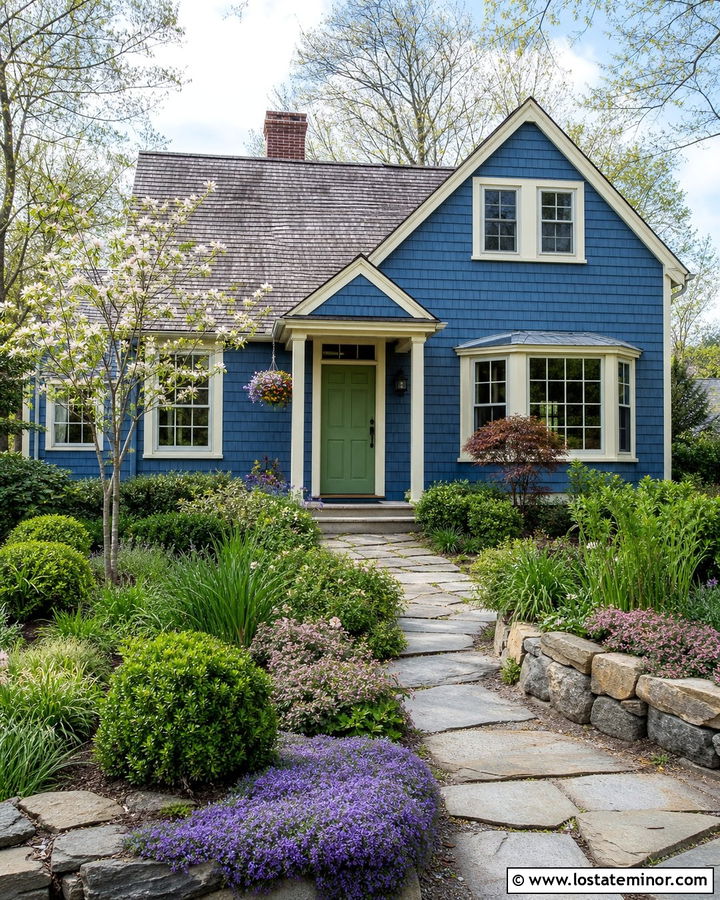 Denim Blue Cottage With Stone Path And Flowering Ground Cover - 30 Denim Blue House Design With Landscaping Ideas