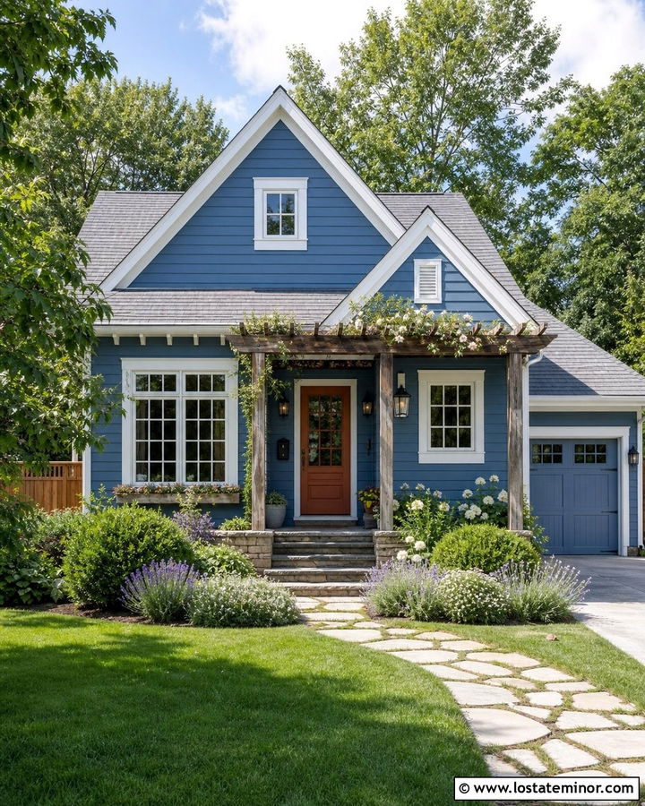 Denim Blue Cottage With Vine Covered Pergola - 30 Denim Blue House Design With Pergola Ideas