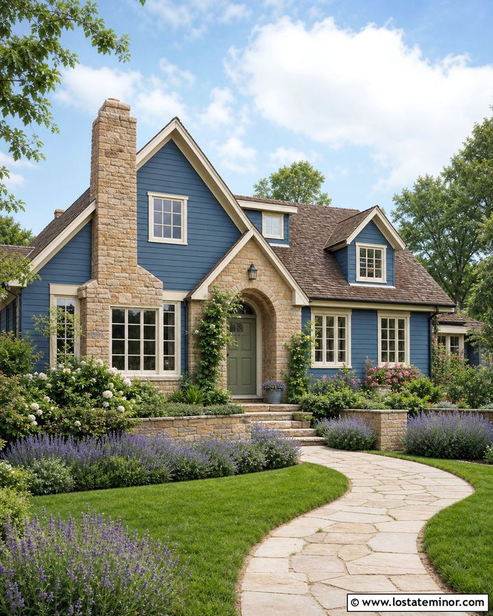 Denim Blue Cottage With Warm Tan Stone - 30 Denim Blue House Design With Stone Accents Ideas