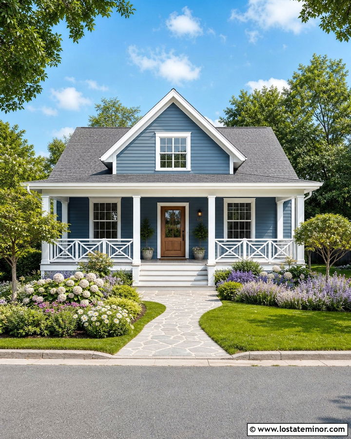 Denim Blue Cottage With White Cross Railings - 30 Denim Blue House Design With Railings Ideas