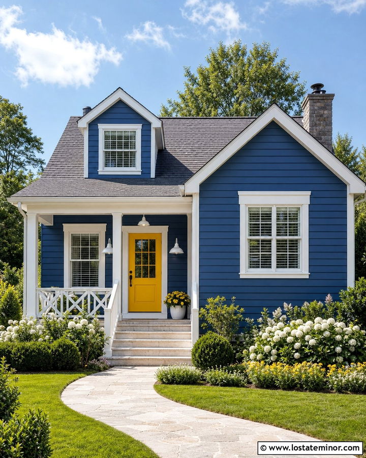 Denim Blue Cottage With White Porch Lights - 30 Denim Blue House Design With Lighting Ideas