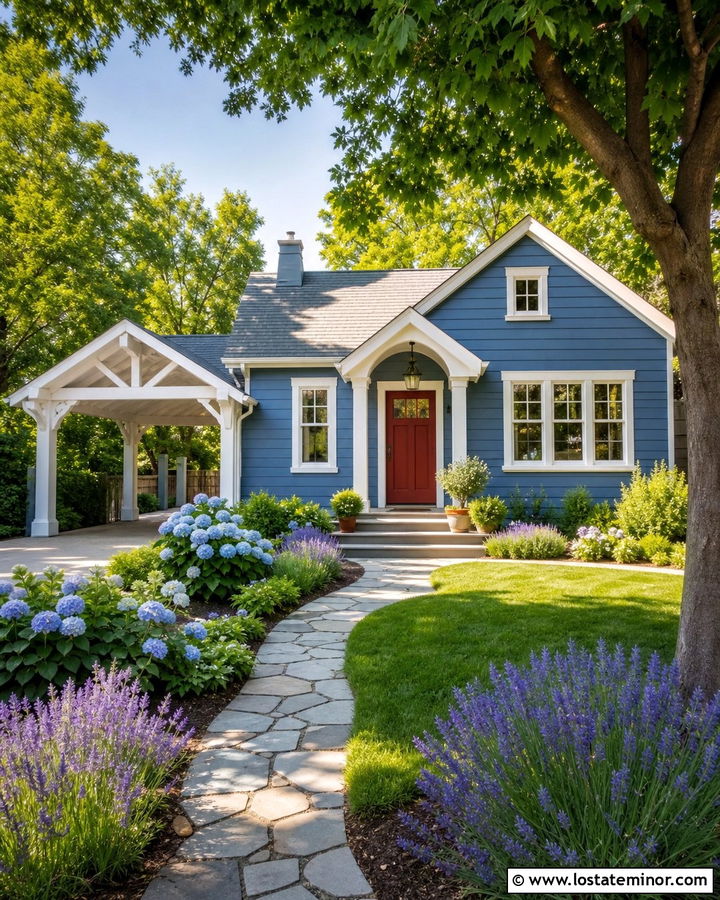 Denim Blue Cottage With White Wood Carport - 30 Denim Blue House Design With Carport Ideas