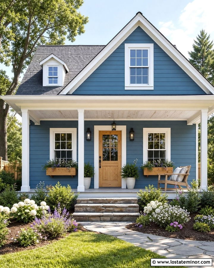 Denim Blue Cottage With Whitewashed Wood Porch Ceiling - 30 Denim Blue House Design With Porch Ceiling Ideas
