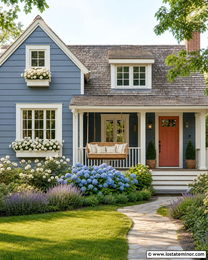 Denim Blue Cottage With Wicker Swing - 30 Denim Blue House Design With Swing Ideas
