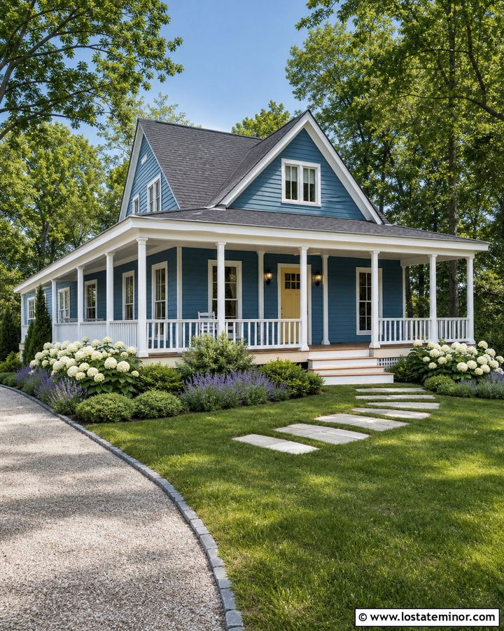 Denim Blue Cottage With Wraparound Front Porch - 30 Denim Blue House Design With Front Porch Ideas
