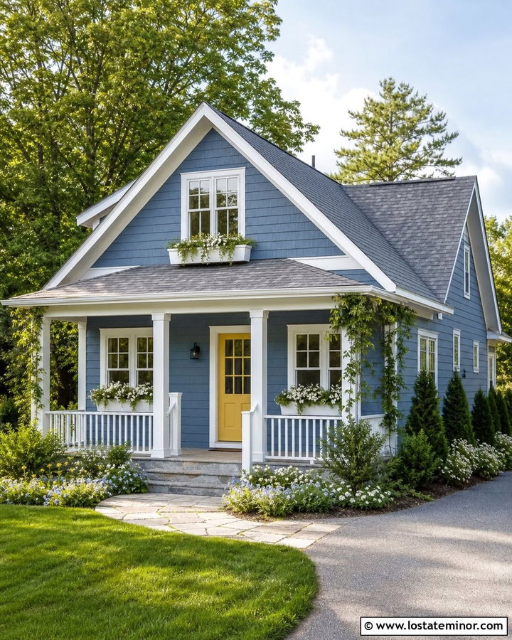 Denim Blue Cottage With Yellow Front Door - 30 Denim Blue House Design With Front Porch Ideas