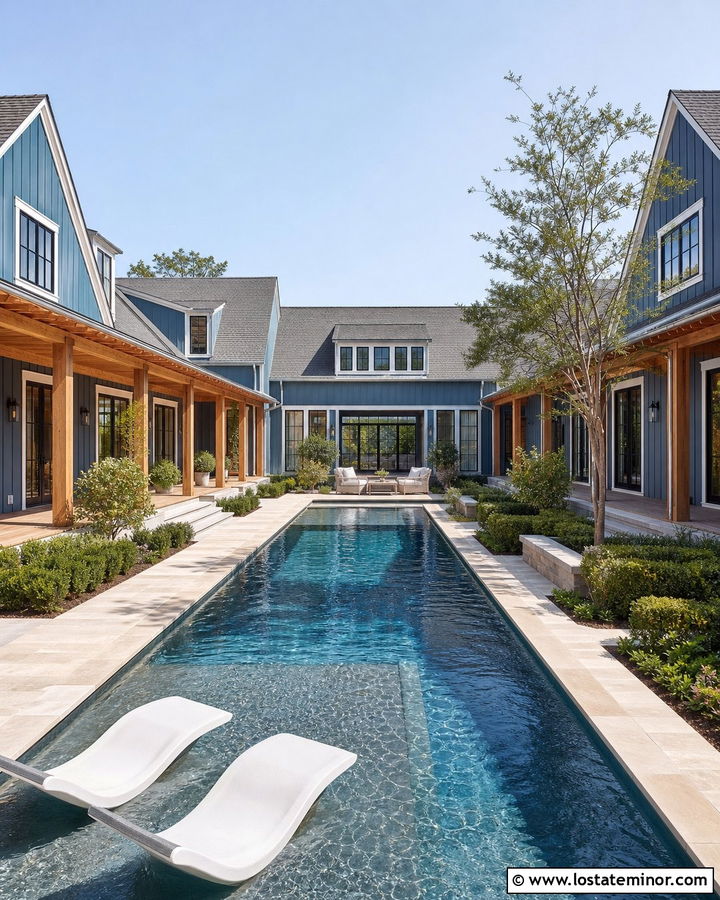 Denim Blue Courtyard House With Lap Pool - 30 Denim Blue House Design With Swimming Pool Ideas