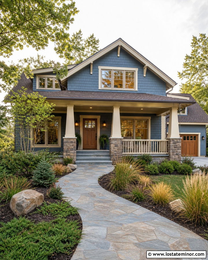 Denim Blue Craftsman House With Beige Window Frames - 30 Denim Blue House Design With Window Frames Ideas