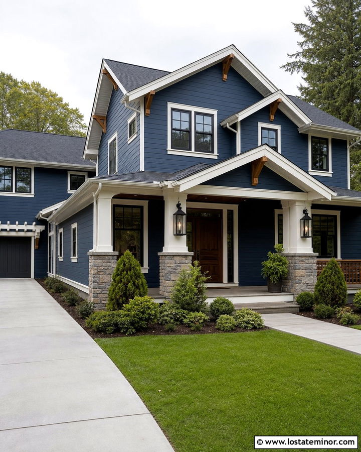 Denim Blue Craftsman House With Black Lanterns - 30 Denim Blue House Design With Lighting Ideas