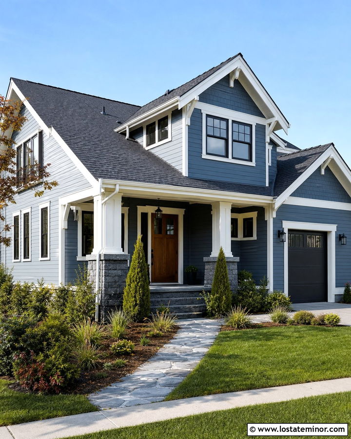 Denim Blue Craftsman House With Black Lanterns - 30 Denim Blue House Design With Light Fixtures Ideas