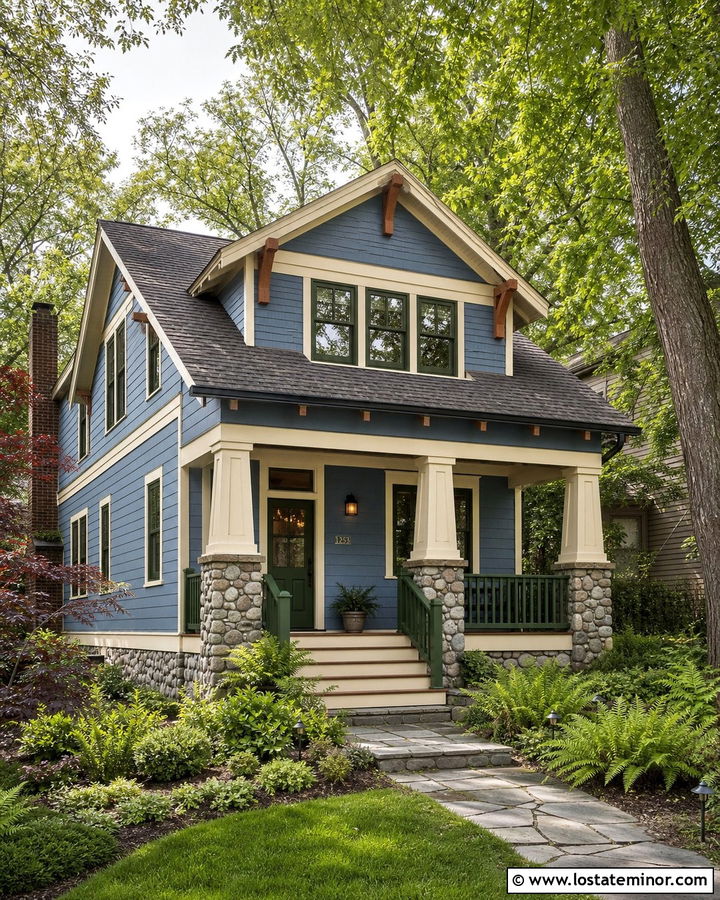 Denim Blue Craftsman House With Dark Green Window Frames - 30 Denim Blue House Design With Window Frames Ideas