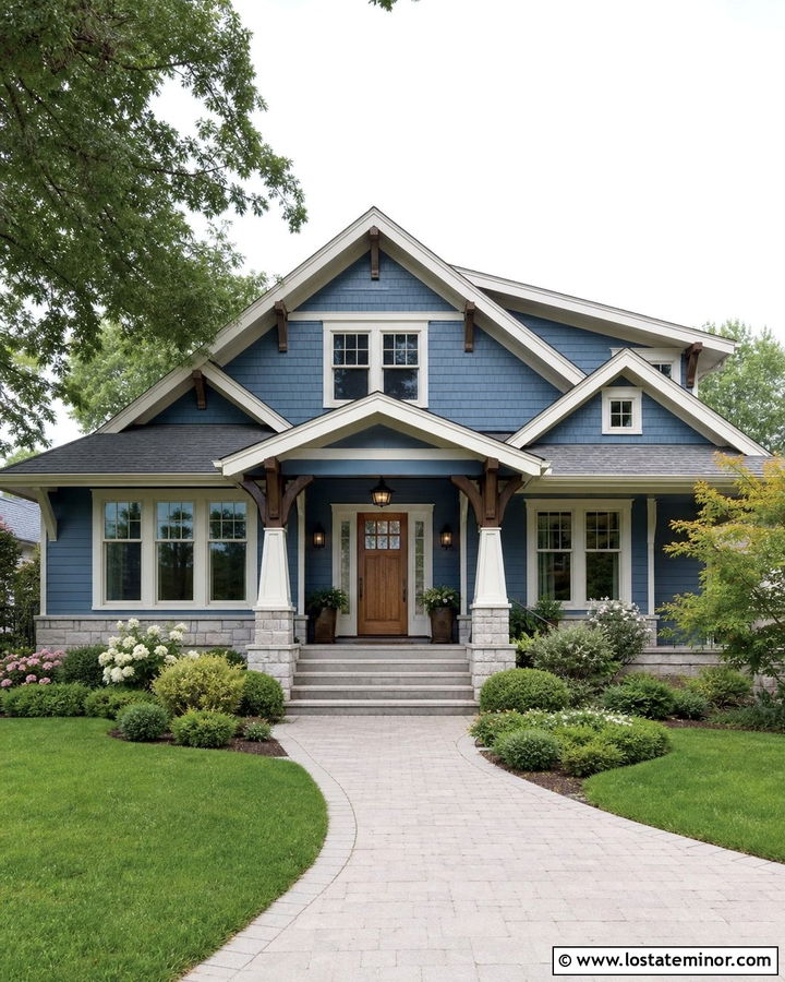 Denim Blue Craftsman House With Gable Awning - 30 Denim Blue House Design With Awning Ideas